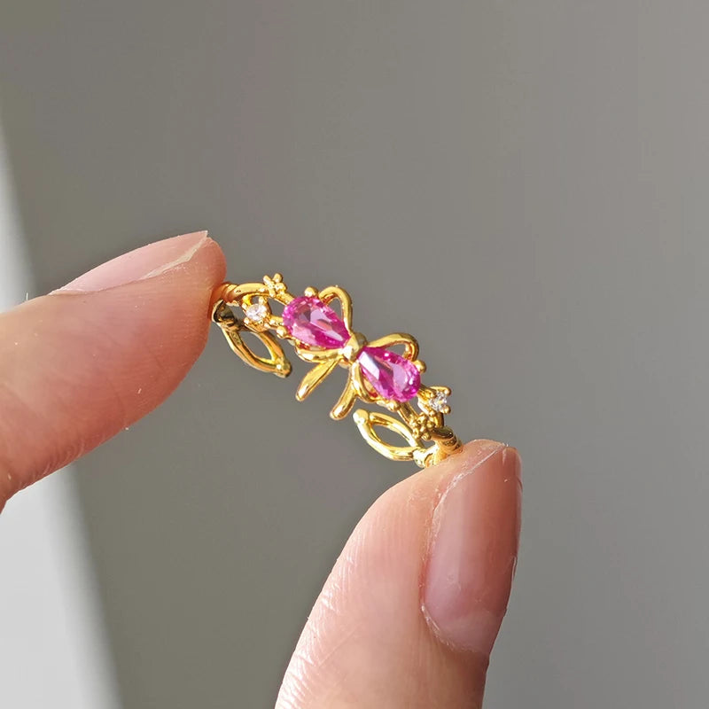 Exquisite Pink Bow Ring, Female Gold Color Flower Shining Zircon Open Ring Birthday Party Jewelry Gift Accessories