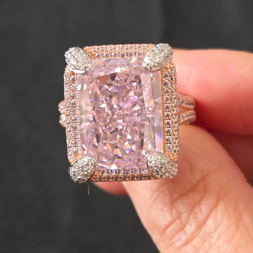 Heavy Craft Solid 925 Sterling Silver with Lab Created Pink High Carbon Diamond Gemstone Rings Fine Jewelry for Women