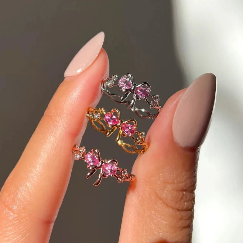 Exquisite Pink Bow Ring, Female Gold Color Flower Shining Zircon Open Ring Birthday Party Jewelry Gift Accessories