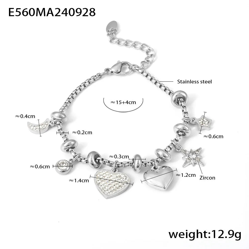 Trendy Moon Heart Stainless Steel Bracelet Bangle for Women Cute Luxury Charm Jewelry Wedding Banquet Gift