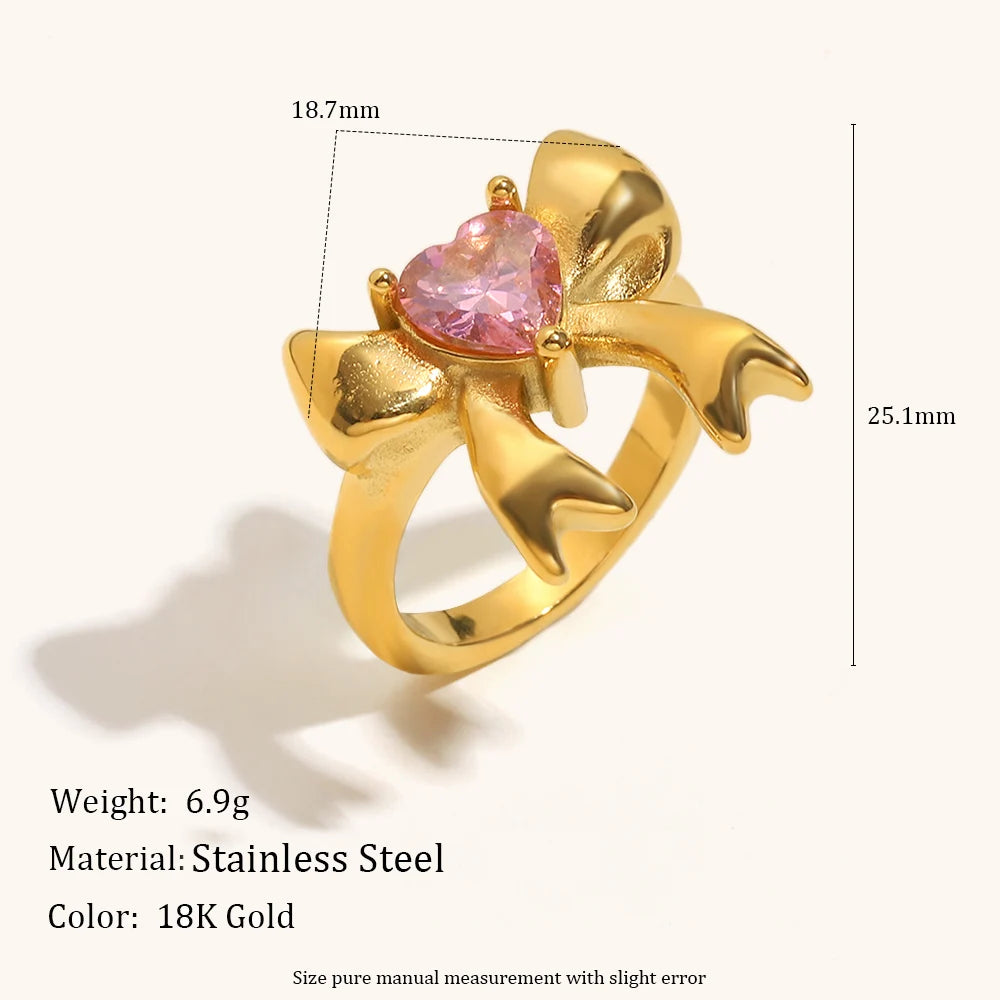 La. Muses Pink Heart-Shaped Zircon Bow Shaped Stainless Steel Women'S Ring PVD Gold-Plated Fashionable Daily Jewelry Gift