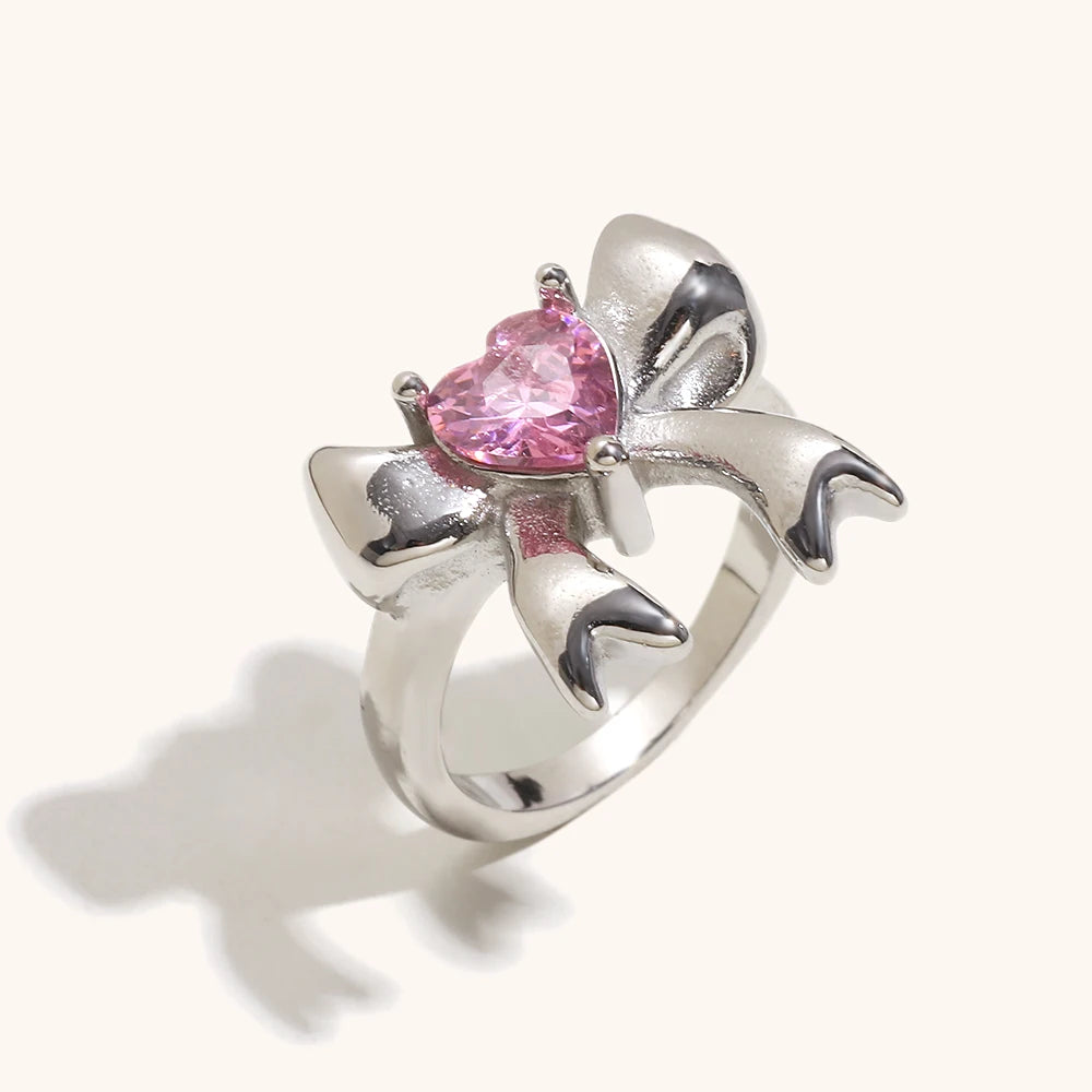 La. Muses Pink Heart-Shaped Zircon Bow Shaped Stainless Steel Women'S Ring PVD Gold-Plated Fashionable Daily Jewelry Gift