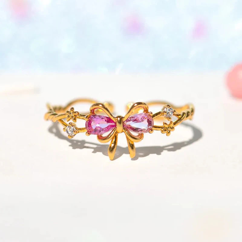 Exquisite Pink Bow Ring, Female Gold Color Flower Shining Zircon Open Ring Birthday Party Jewelry Gift Accessories