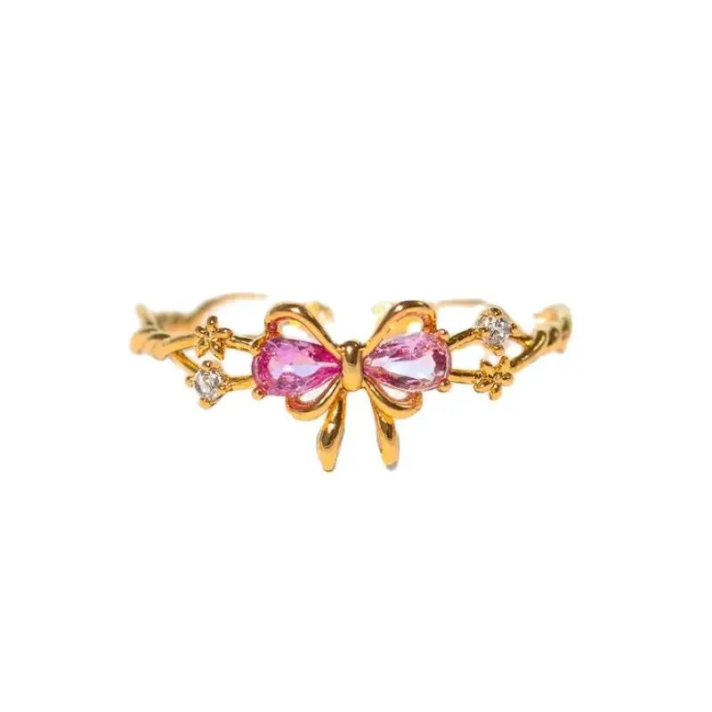 Exquisite Pink Bow Ring, Female Gold Color Flower Shining Zircon Open Ring Birthday Party Jewelry Gift Accessories