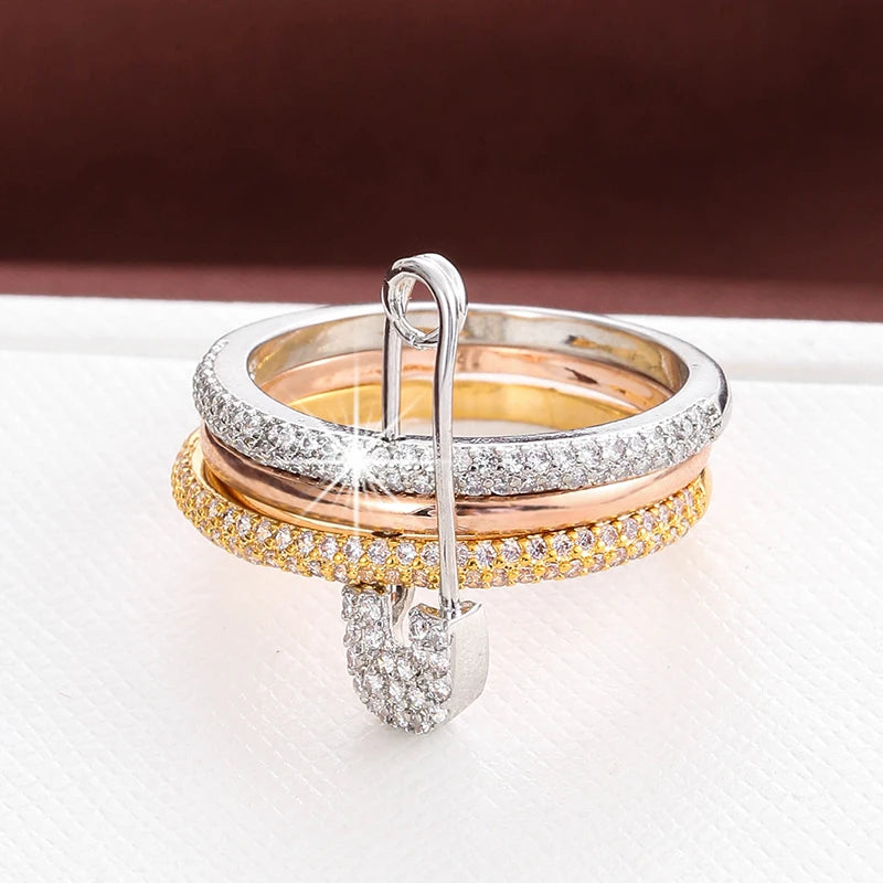 Lady Fashion Pin Connection Three Layers Design Ring for Women Gift Jewelry